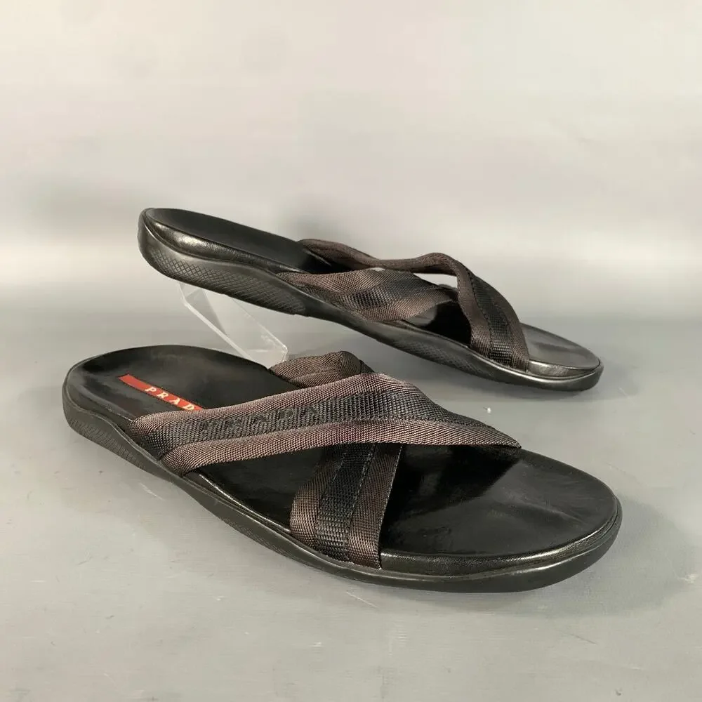 PRADA Size 10 Black Mixed Fabrics Leather Canvas Flip flops Sandals